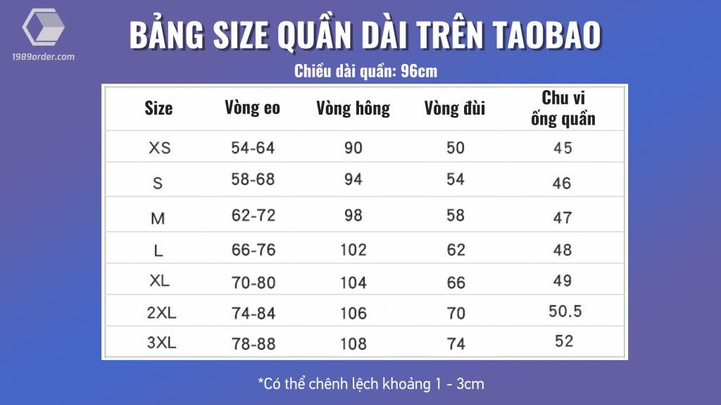 Bảng size quần dài trên Taobao