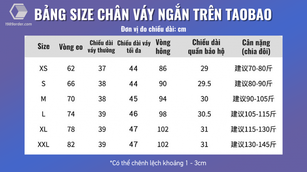 bảng size chân váy ngắn trên Taobao